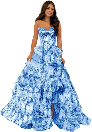 Strapless Tiered Prom Dress Printed Chiffon Ruched Graduation Gown Sweetheart Evening Dress with Slit ZD201