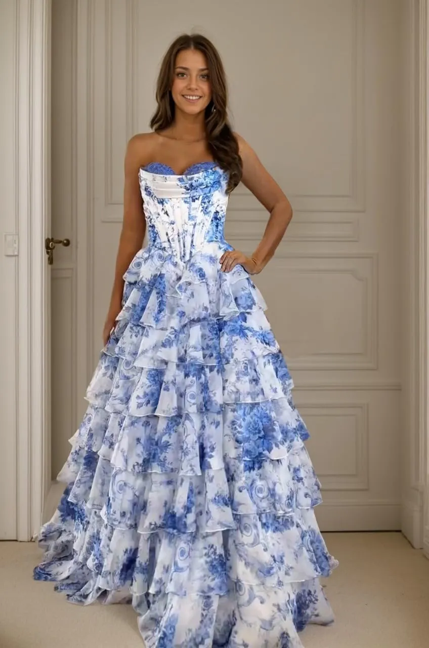 Strapless Tiered Prom Dress Printed Chiffon Ruched Graduation Gown Sweetheart Evening Dress with Slit ZD201