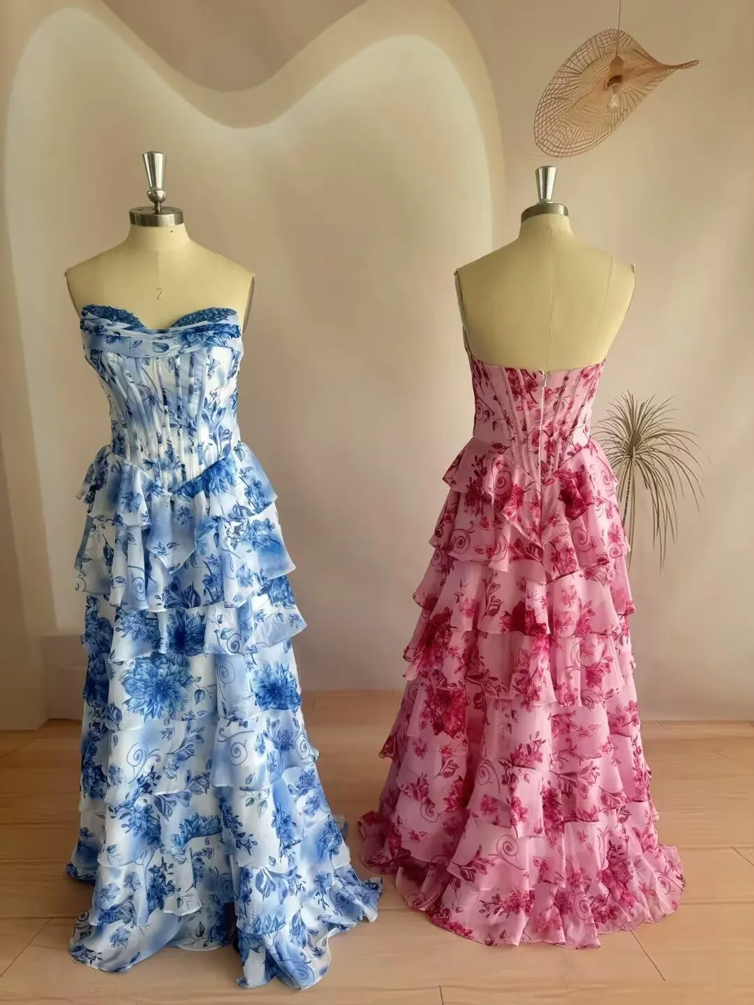 Strapless Tiered Prom Dress Printed Chiffon Ruched Graduation Gown Sweetheart Evening Dress with Slit ZD201