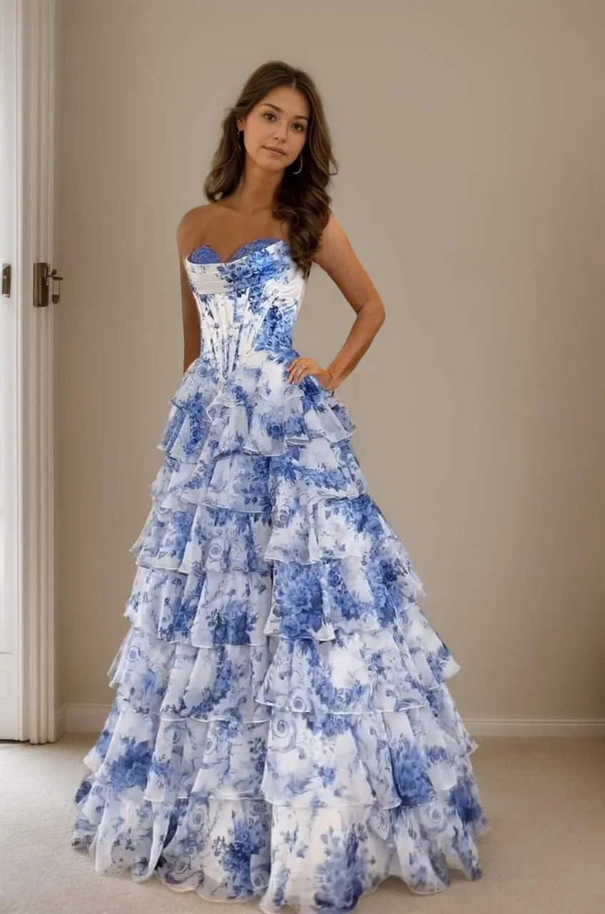 Strapless Tiered Prom Dress Printed Chiffon Ruched Graduation Gown Sweetheart Evening Dress with Slit ZD201