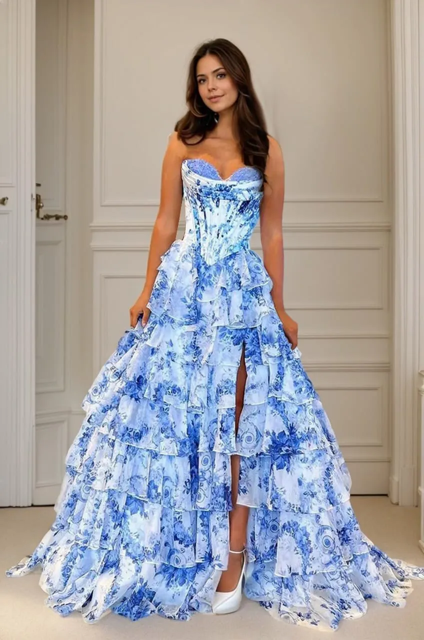 Strapless Tiered Prom Dress Printed Chiffon Ruched Graduation Gown Sweetheart Evening Dress with Slit ZD201