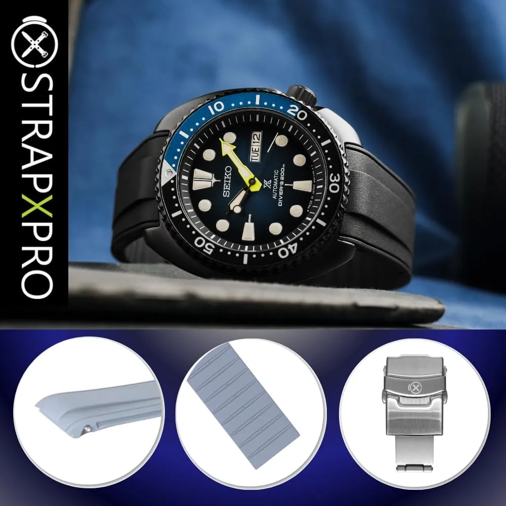 StrapXPro(STX1A) 22mm Watch Bands Men's Rubber Curved-end Watch Strap Replacement for Seiko Prospex Turtle & King Turtle Automatic Dive Watch SRP773, SRP775, SRP777, SPRA21, SRPE03, SRPE05, etc. (Black with Silver Clasp)