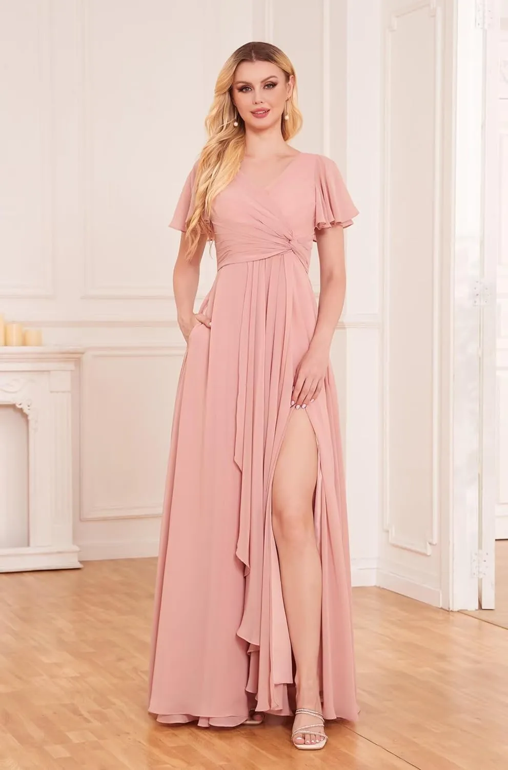 Sukleet Women's Ruffle Sleeve Bridesmaid Dresses with Pockets Slit Twist Long Chiffon Formal Dresses