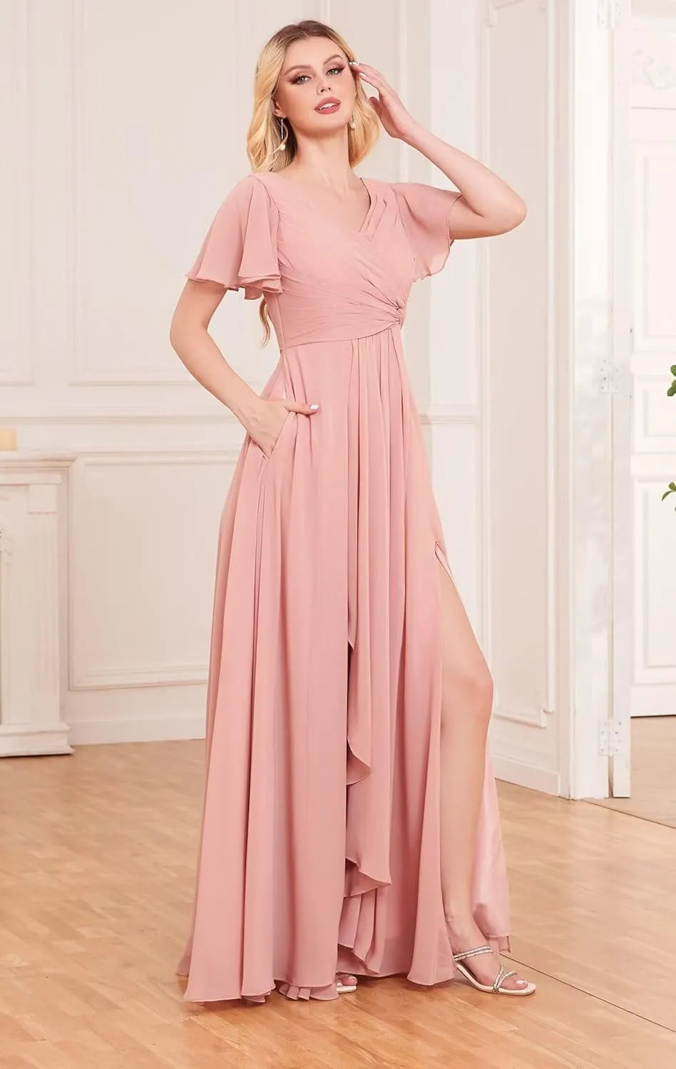 Sukleet Women's Ruffle Sleeve Bridesmaid Dresses with Pockets Slit Twist Long Chiffon Formal Dresses