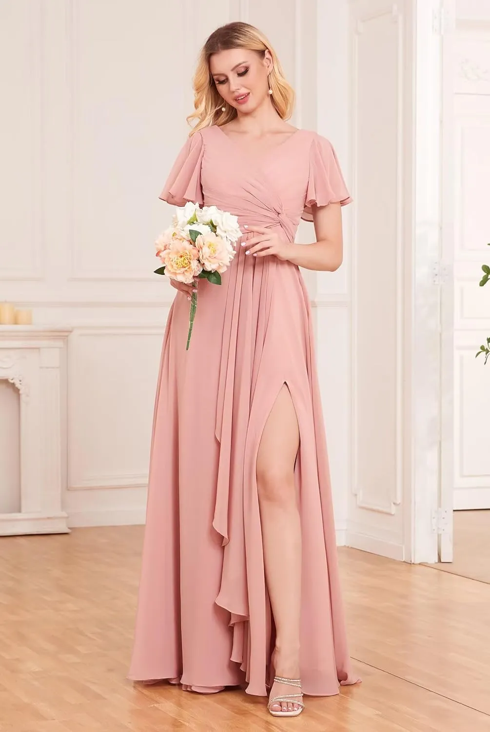 Sukleet Women's Ruffle Sleeve Bridesmaid Dresses with Pockets Slit Twist Long Chiffon Formal Dresses
