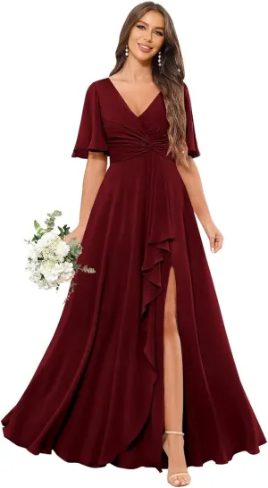 Sukleet Women's Ruffle Sleeve Bridesmaid Dresses with Pockets Slit Twist Long Chiffon Formal Dresses