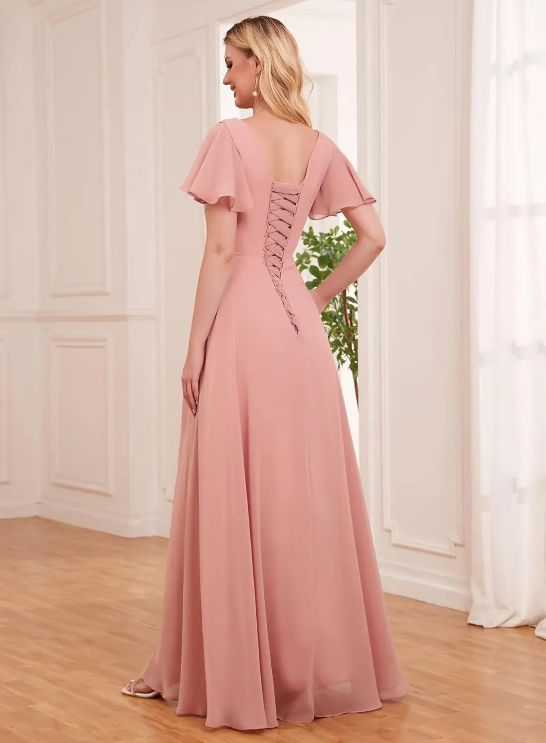 Sukleet Women's Ruffle Sleeve Bridesmaid Dresses with Pockets Slit Twist Long Chiffon Formal Dresses
