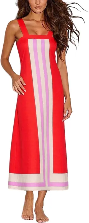 Summer Color Blocks Dresses for Women Spaghetti Straps Baggy Midi Dress Sleeveless Casual Trendy Vacation Beach Dress