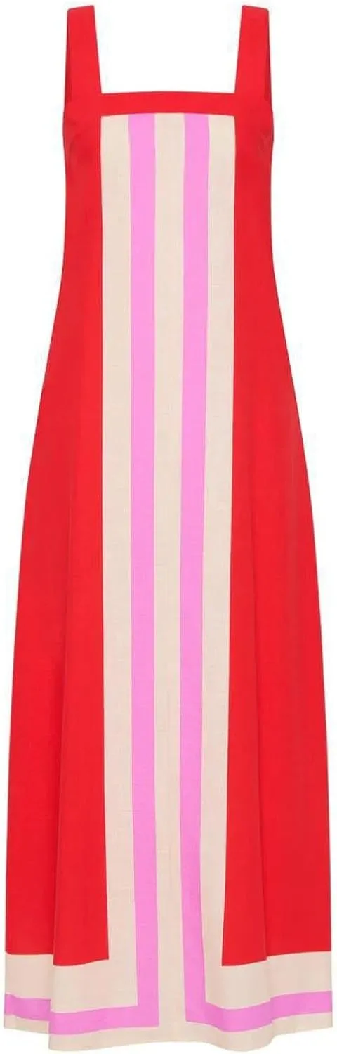 Summer Color Blocks Dresses for Women Spaghetti Straps Baggy Midi Dress Sleeveless Casual Trendy Vacation Beach Dress