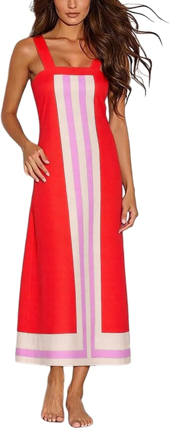 Summer Color Blocks Dresses for Women Spaghetti Straps Baggy Midi Dress Sleeveless Casual Trendy Vacation Beach Dress