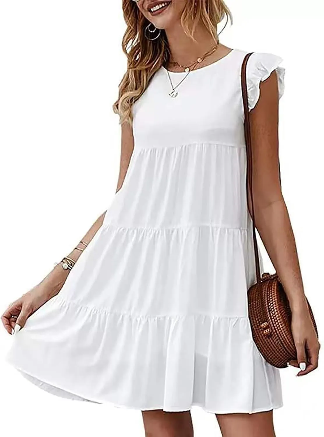 Summer Dresses for Women 2024 Cute Boho Cap Sleeve Ruffle Swing Mini Babydoll Dress Beach Vacation Sundresses
