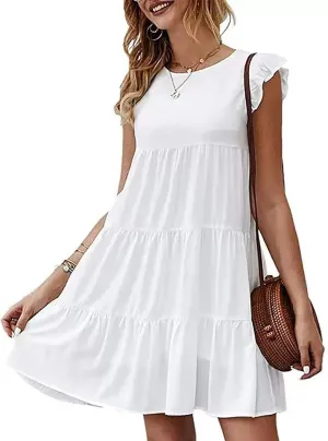 Summer Dresses for Women 2024 Cute Boho Cap Sleeve Ruffle Swing Mini Babydoll Dress Beach Vacation Sundresses