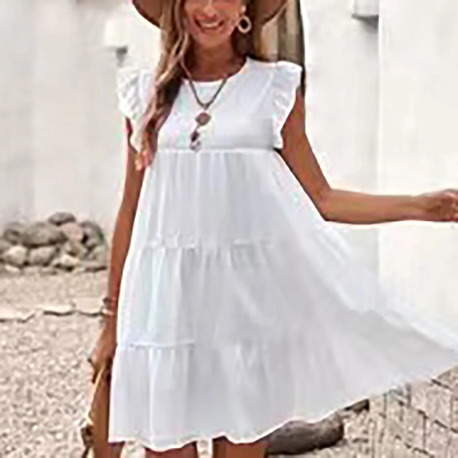 Summer Dresses for Women 2024 Cute Boho Cap Sleeve Ruffle Swing Mini Babydoll Dress Beach Vacation Sundresses