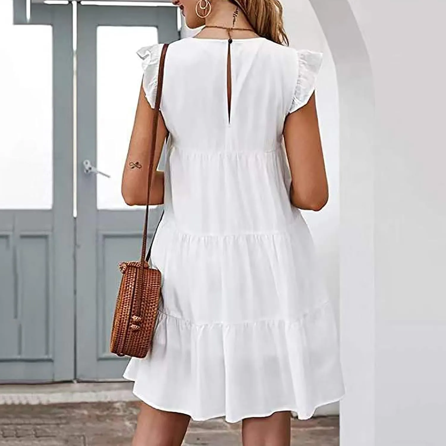 Summer Dresses for Women 2024 Cute Boho Cap Sleeve Ruffle Swing Mini Babydoll Dress Beach Vacation Sundresses