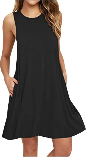 Summer Dresses for Women 2024 Sleeveless Beach Sundress Cover Up Swing Tank Dress Loose Tshirt Dress with Pockets