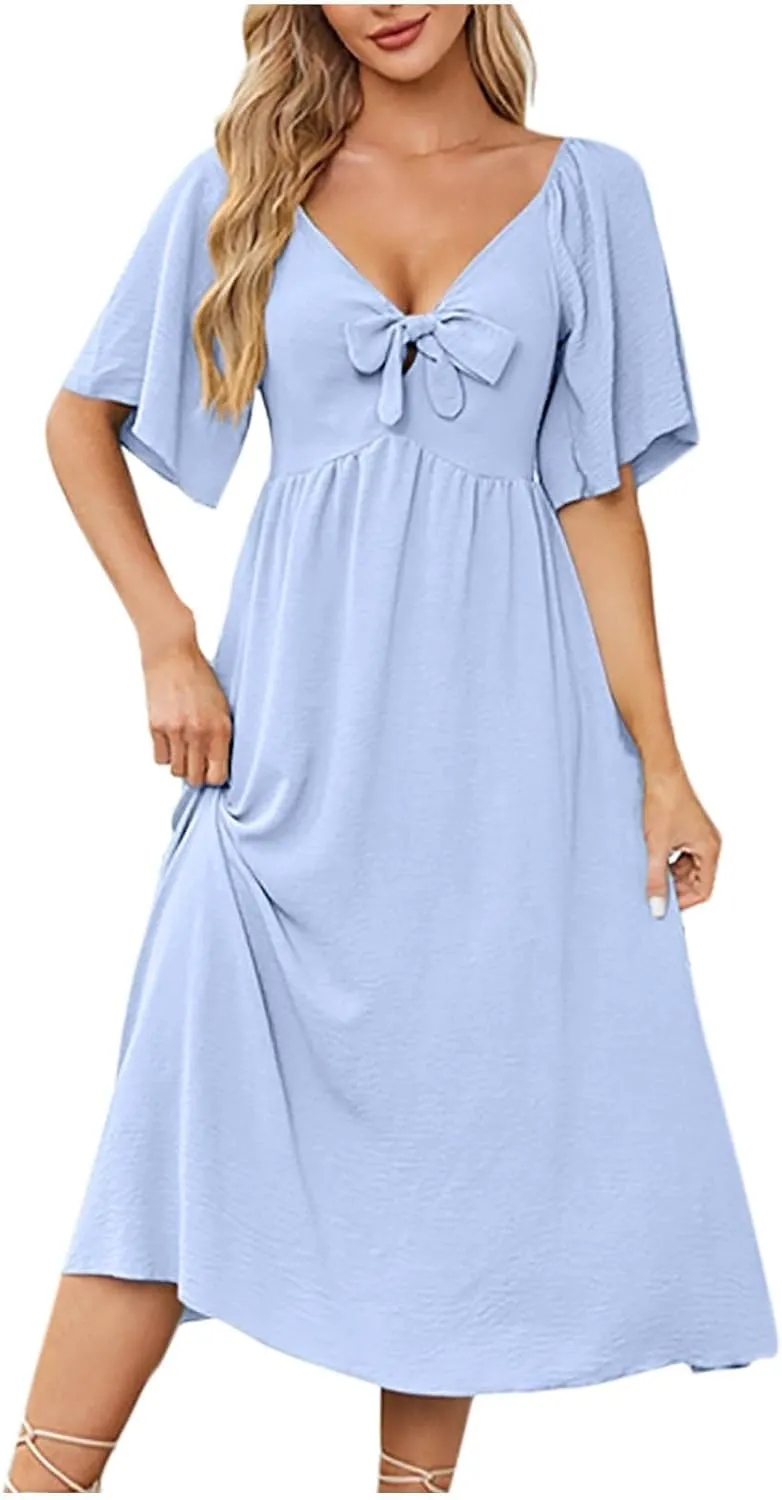 Summer Dresses for Women 2025 Casual Short Sleeve Trendy Bow Tie V Neck Ruffle Flowy Swing Midi Dresses Plus Size