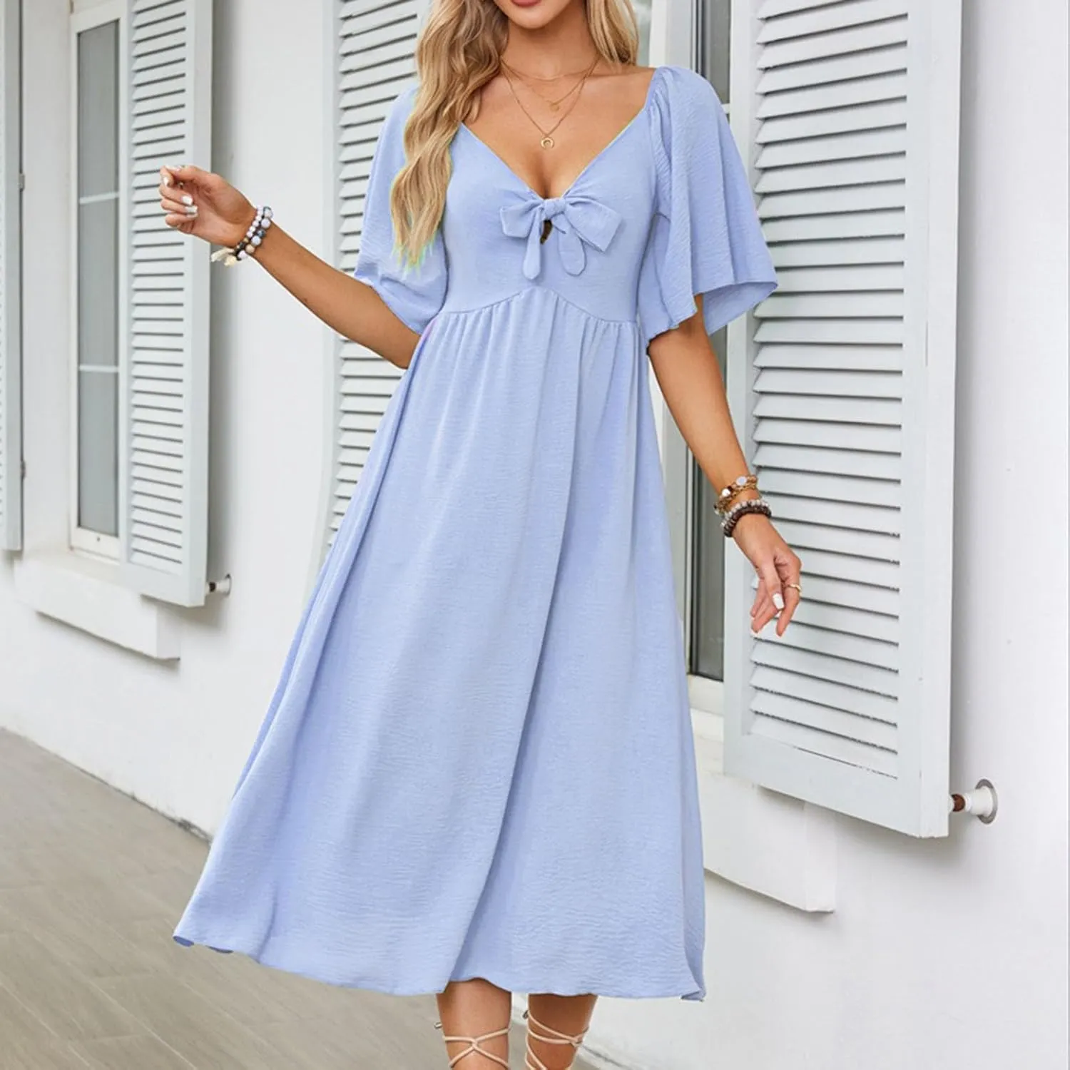 Summer Dresses for Women 2025 Casual Short Sleeve Trendy Bow Tie V Neck Ruffle Flowy Swing Midi Dresses Plus Size
