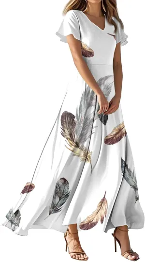 Summer Dresses for Women 2025 Casual Trendy Short Sleeve V-Neck Vintage Floral Print Flowy Boho Maxi Drees, XS-2XL