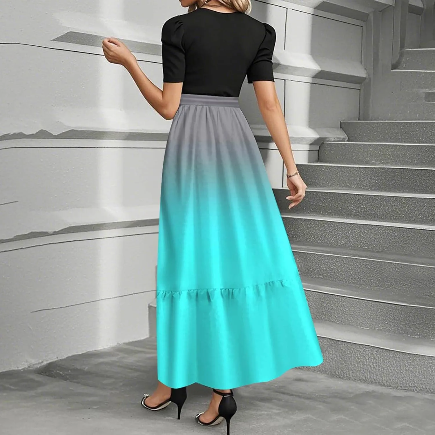 Summer Dresses for Women 2025 Short Sleeve Long Sundress Patchwork Maxi Dress Flowy Floral Ruffle Hem a Line Dress