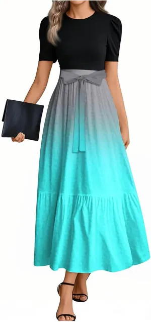 Summer Dresses for Women 2025 Short Sleeve Long Sundress Patchwork Maxi Dress Flowy Floral Ruffle Hem a Line Dress