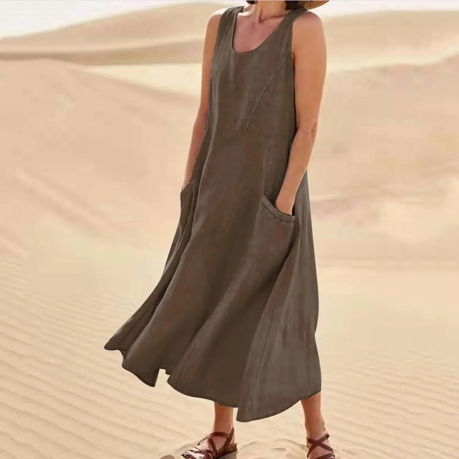 Summer Dresses for Women Trendy Sleeveless Cotton Linen Solid Long Dress Casual Loose Crewneck Maxi Dress with Pocket