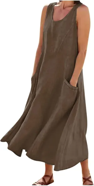 Summer Dresses for Women Trendy Sleeveless Cotton Linen Solid Long Dress Casual Loose Crewneck Maxi Dress with Pocket
