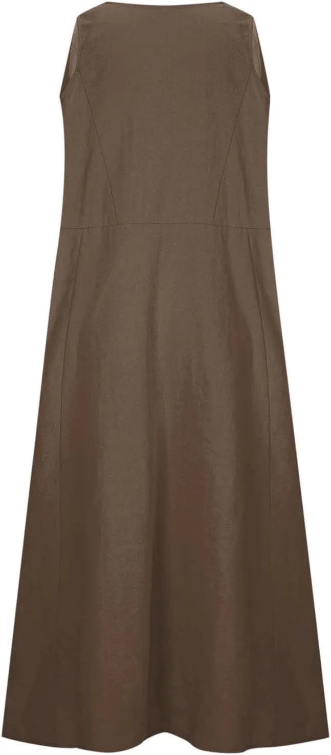 Summer Dresses for Women Trendy Sleeveless Cotton Linen Solid Long Dress Casual Loose Crewneck Maxi Dress with Pocket