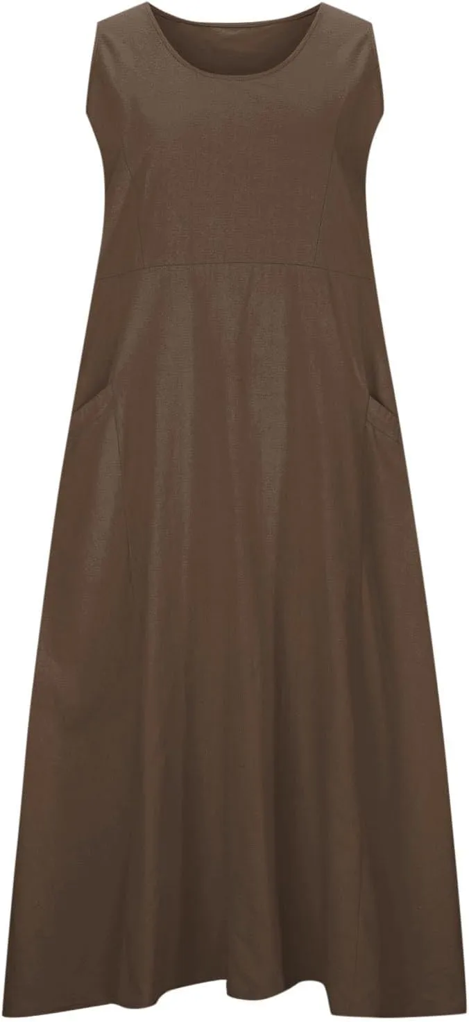 Summer Dresses for Women Trendy Sleeveless Cotton Linen Solid Long Dress Casual Loose Crewneck Maxi Dress with Pocket