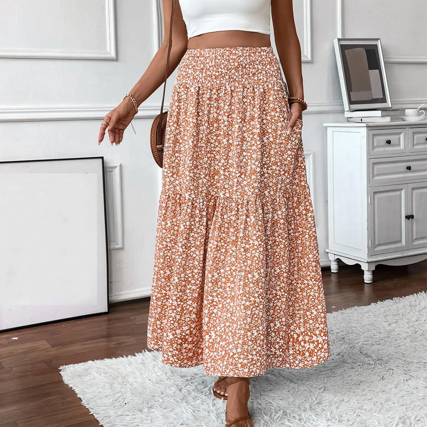 Summer Skirts for Women Maxi Skirt with Pockets Fashion Floral Print Elastic High Waisted Long Flowy Skirt
