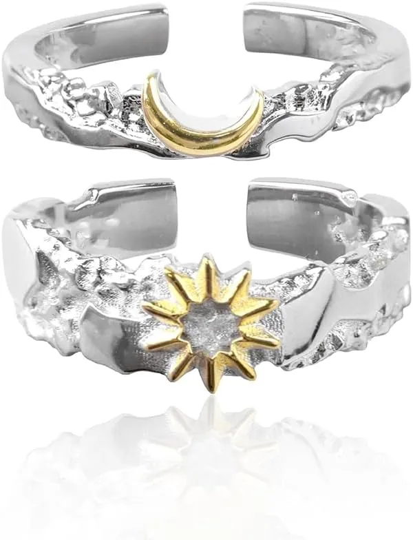 Sun and Moon Couple Matching Rings for Women Men Sterling Sliver Plated Adjustable Rings Engagement Wedding Band Set for Him and Her Love Open Ring for Boyfriend Girlfriend Valentine's Day Birthday