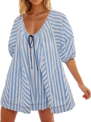 Sun Dresses for Women 2024 Casual Stripes Print Oversized Babydoll Mini Dress Short Sleeve V-Neck Lace Up Sundresses