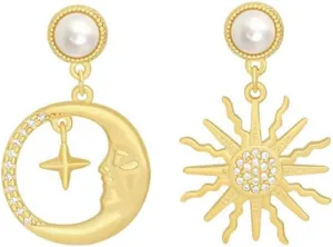 Sun Moon Asymmetric Pearl Earrings for Women Gold Sun Face Pendant Earrings Drop Earrings Sunshine Crescent Circle Dangle Earrings