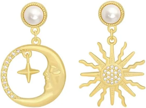 Sun Moon Asymmetric Pearl Earrings for Women Gold Sun Face Pendant Earrings Drop Earrings Sunshine Crescent Circle Dangle Earrings