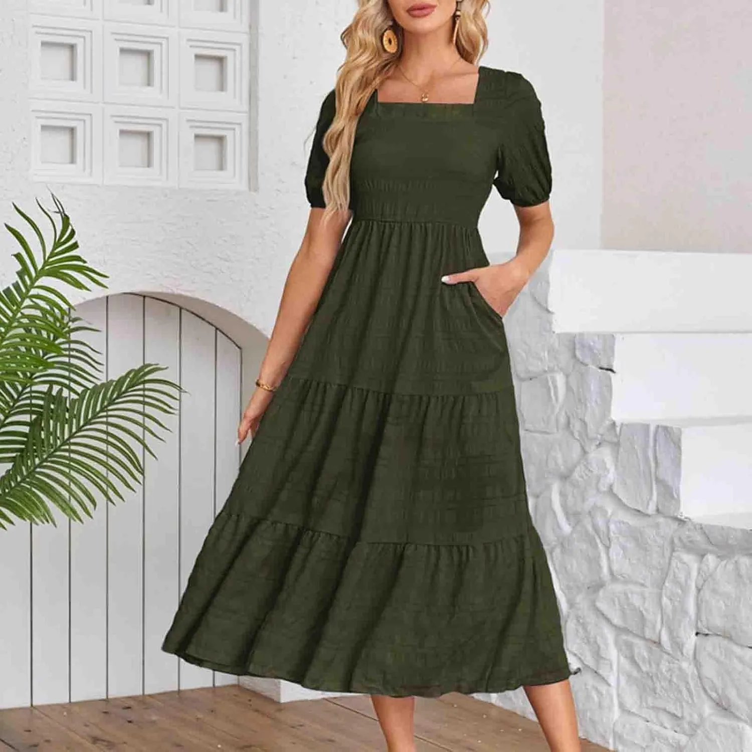 Sundresses for Women 2024 Flowy Square Neck Ruffle Swing Dress Empire Waist Short Sleeve Daily Summer Dresses