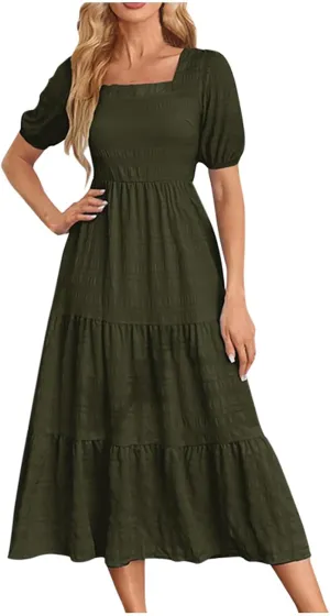 Sundresses for Women 2024 Flowy Square Neck Ruffle Swing Dress Empire Waist Short Sleeve Daily Summer Dresses