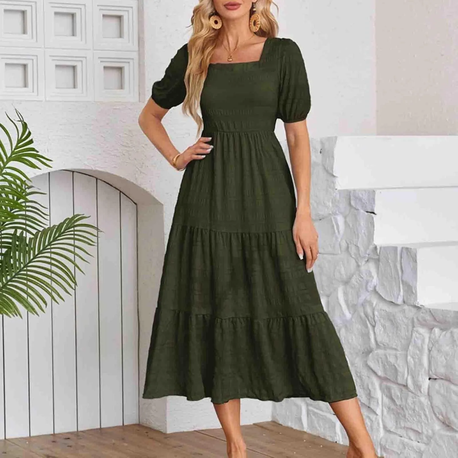 Sundresses for Women 2024 Flowy Square Neck Ruffle Swing Dress Empire Waist Short Sleeve Daily Summer Dresses