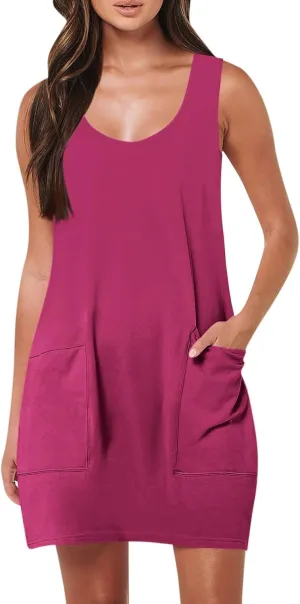 Sundresses for Women 2024 Sleeveless Solid Color Front Pocket Tank Dresses 2024 Summer Boho Beach Mini Dresses