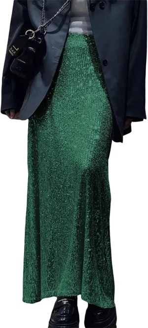 Sunloudy Women Sequin Maxi Skirts Glitter Bodycon Long Mermaid Skirt High Waisted Going Out Skirts