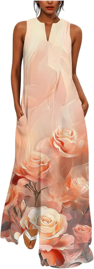 Swing Maxi Dress for Women Floral Printed Casual Summer V Neck Sleeveless Loose A-Line Beach Sundress with Pockets
