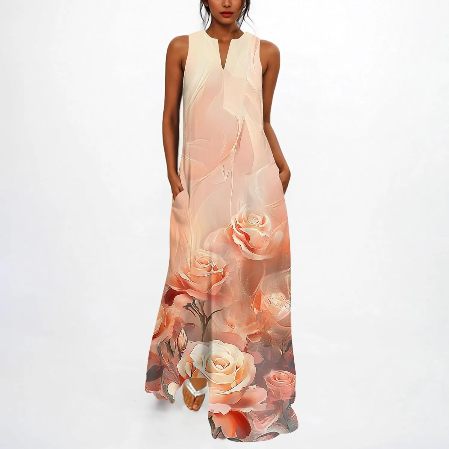 Swing Maxi Dress for Women Floral Printed Casual Summer V Neck Sleeveless Loose A-Line Beach Sundress with Pockets
