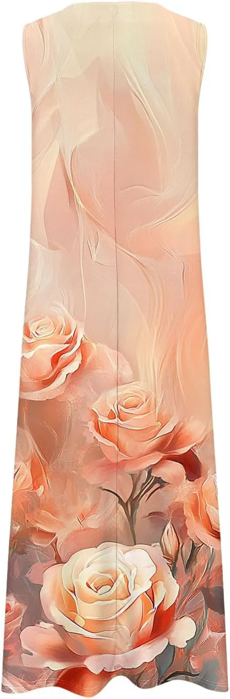 Swing Maxi Dress for Women Floral Printed Casual Summer V Neck Sleeveless Loose A-Line Beach Sundress with Pockets