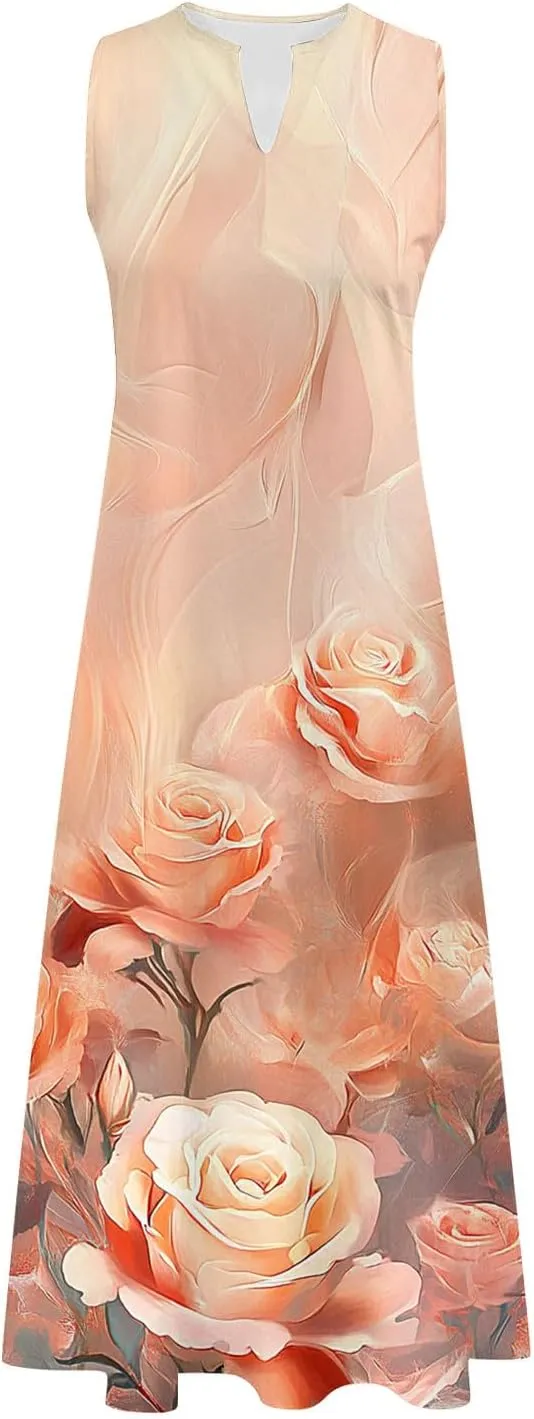 Swing Maxi Dress for Women Floral Printed Casual Summer V Neck Sleeveless Loose A-Line Beach Sundress with Pockets