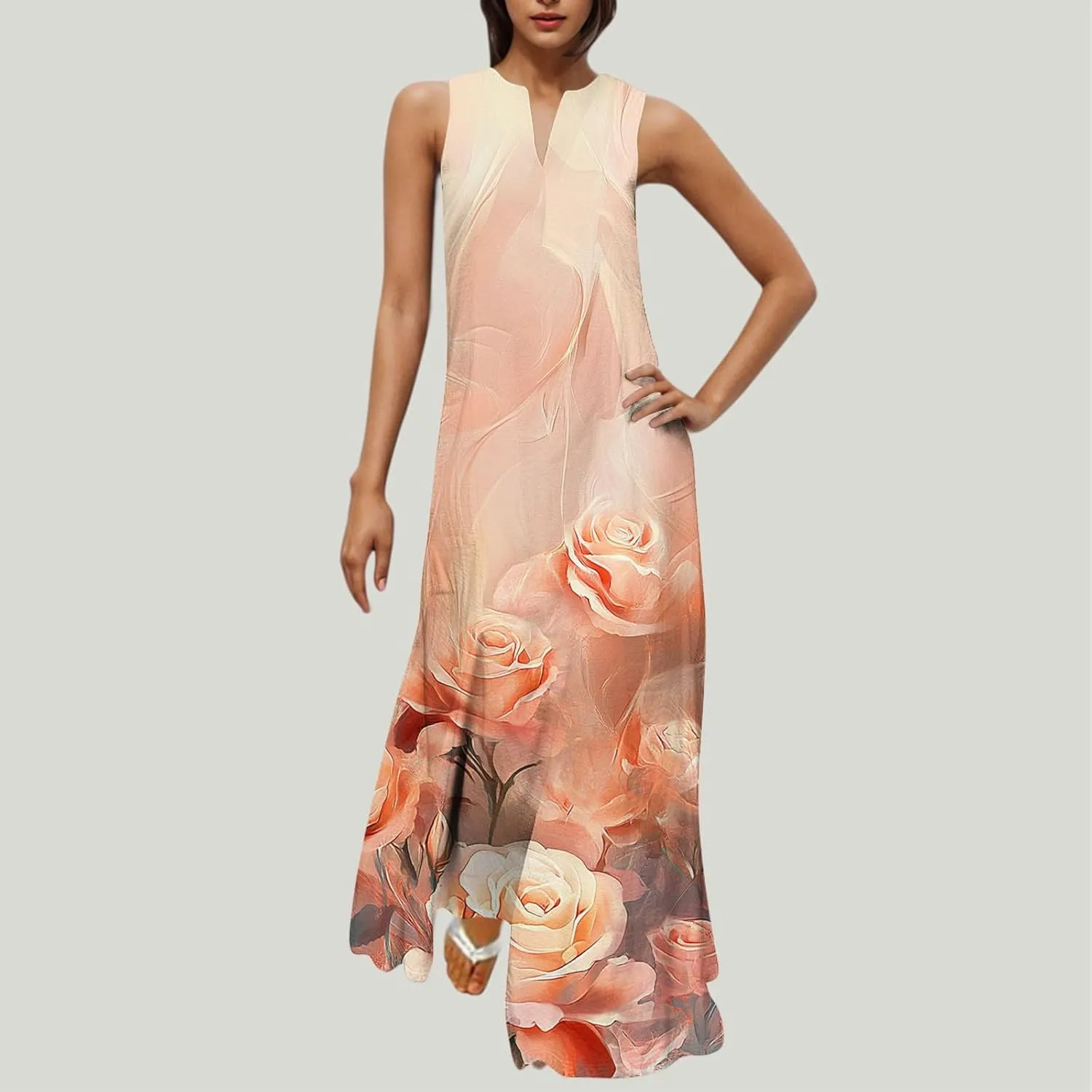 Swing Maxi Dress for Women Floral Printed Casual Summer V Neck Sleeveless Loose A-Line Beach Sundress with Pockets