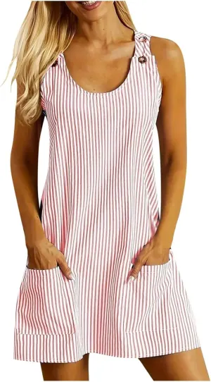 TANGNADE Cute Summer Dress for Women Casual U Neck Dresses Sleeveless A Line Sundresses Pocket Mini Dresses Work Dresses