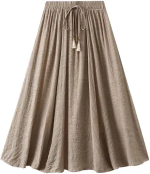 TANGNADE Women's Bohemian Elastic Waist Band Cotton Linen Flowy Maxi Skirt Dress Fashion Trendy Summer Beach Casual Skirts