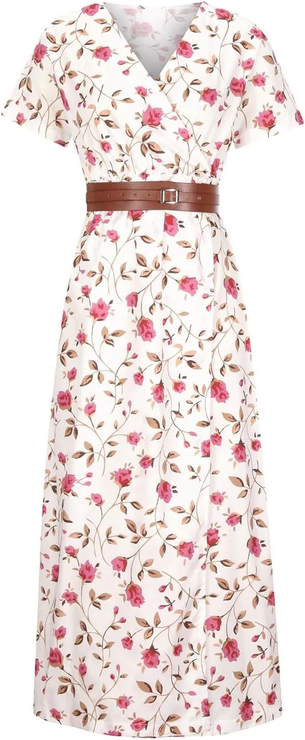 TANGNADE Womens Summer Boho Flowy Wrap V Neck Short Sleeve Floral Print Beach Wedding Guest Long Maxi Dresses with Belt