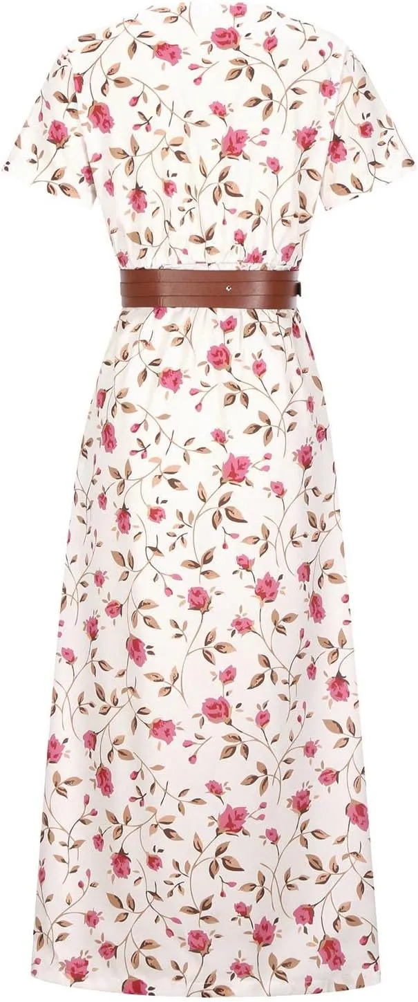 TANGNADE Womens Summer Boho Flowy Wrap V Neck Short Sleeve Floral Print Beach Wedding Guest Long Maxi Dresses with Belt