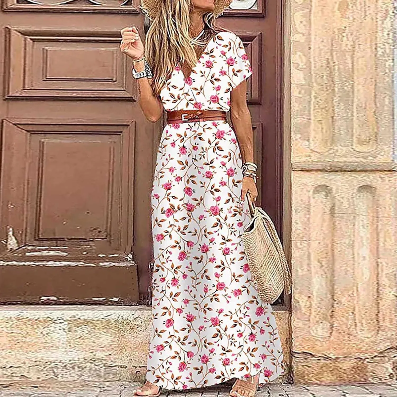 TANGNADE Womens Summer Boho Flowy Wrap V Neck Short Sleeve Floral Print Beach Wedding Guest Long Maxi Dresses with Belt