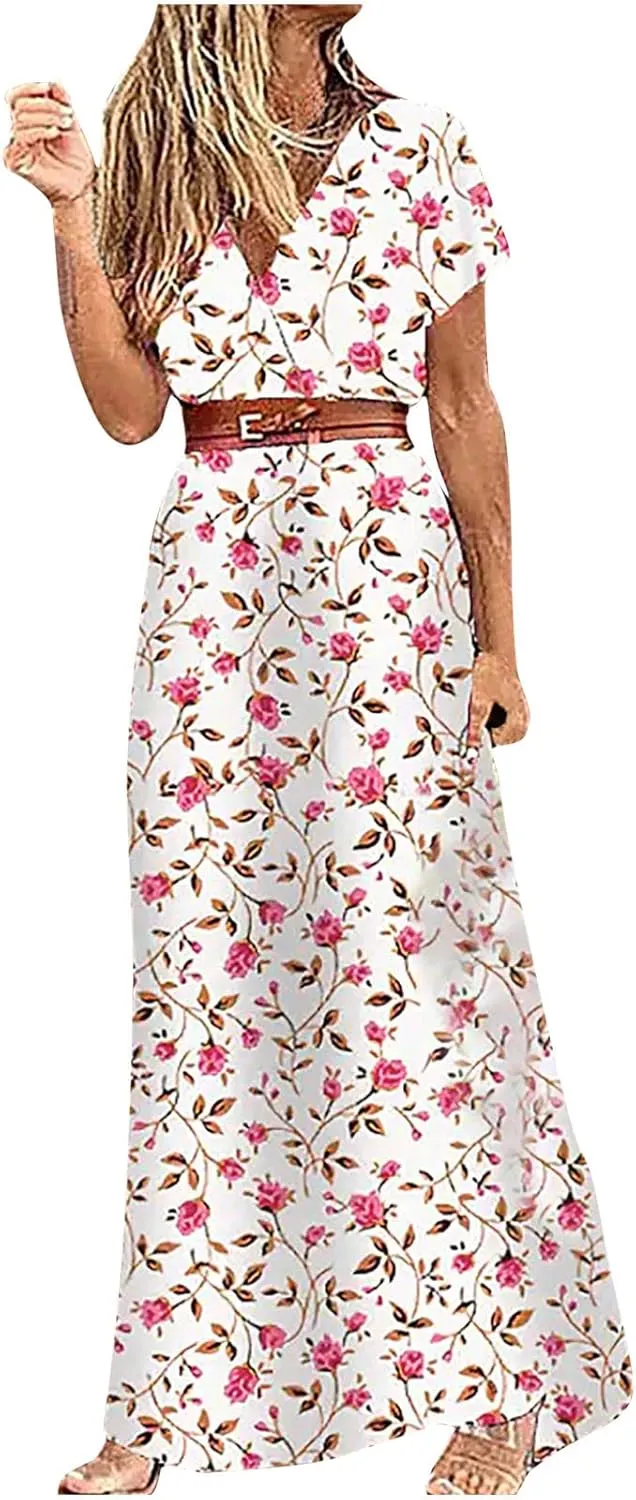 TANGNADE Womens Summer Boho Flowy Wrap V Neck Short Sleeve Floral Print Beach Wedding Guest Long Maxi Dresses with Belt