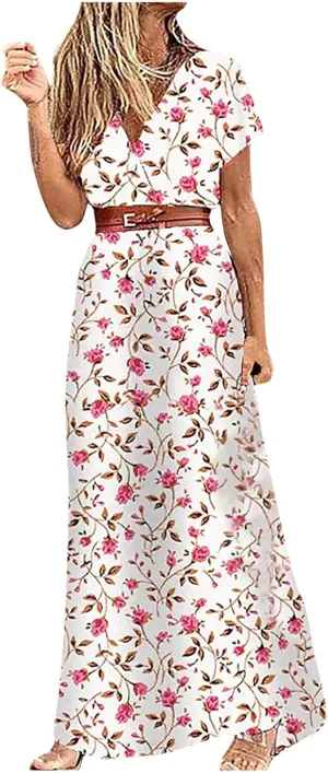 TANGNADE Womens Summer Boho Flowy Wrap V Neck Short Sleeve Floral Print Beach Wedding Guest Long Maxi Dresses with Belt